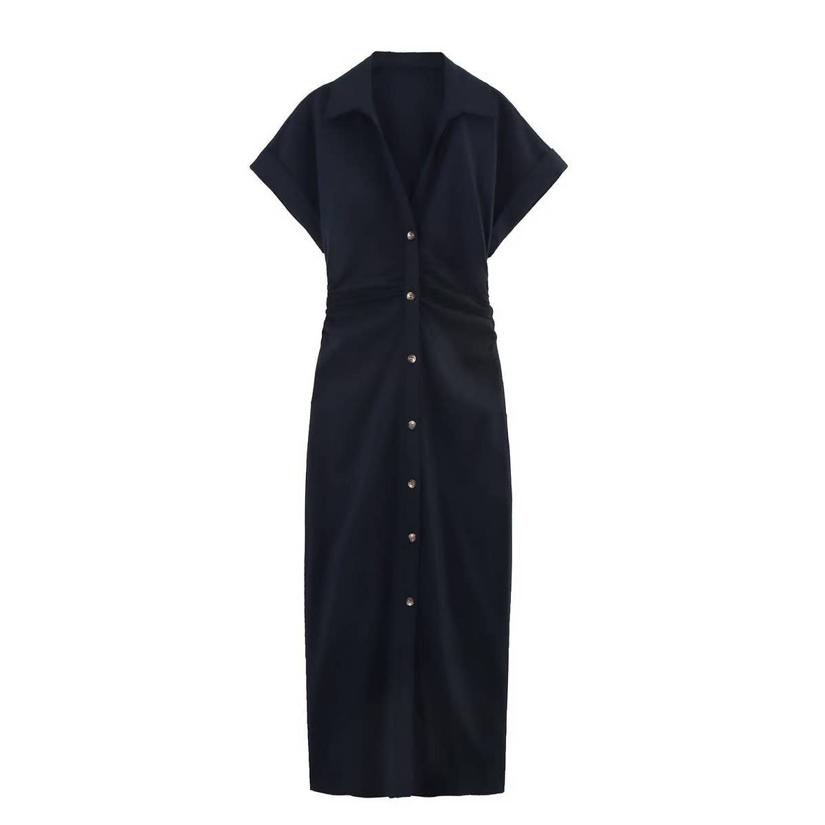 LINEN COLLARED SHORT SLEEVE MIDI DRESS FOR WOMEN_CWDMD5785