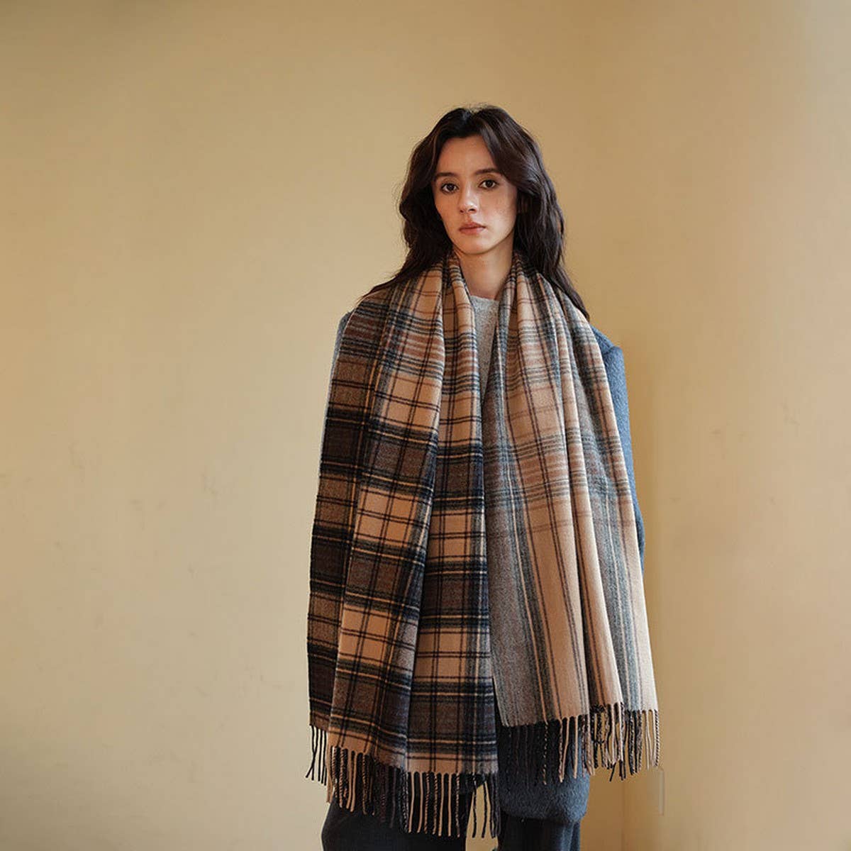 MELANGE CHECK WOOL SCARF DOUBLE SIDED SHAWL UNISEX_CWASC2350