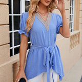 V-Neck Lace Jacquard Lace Up Short Sleeved Dress
