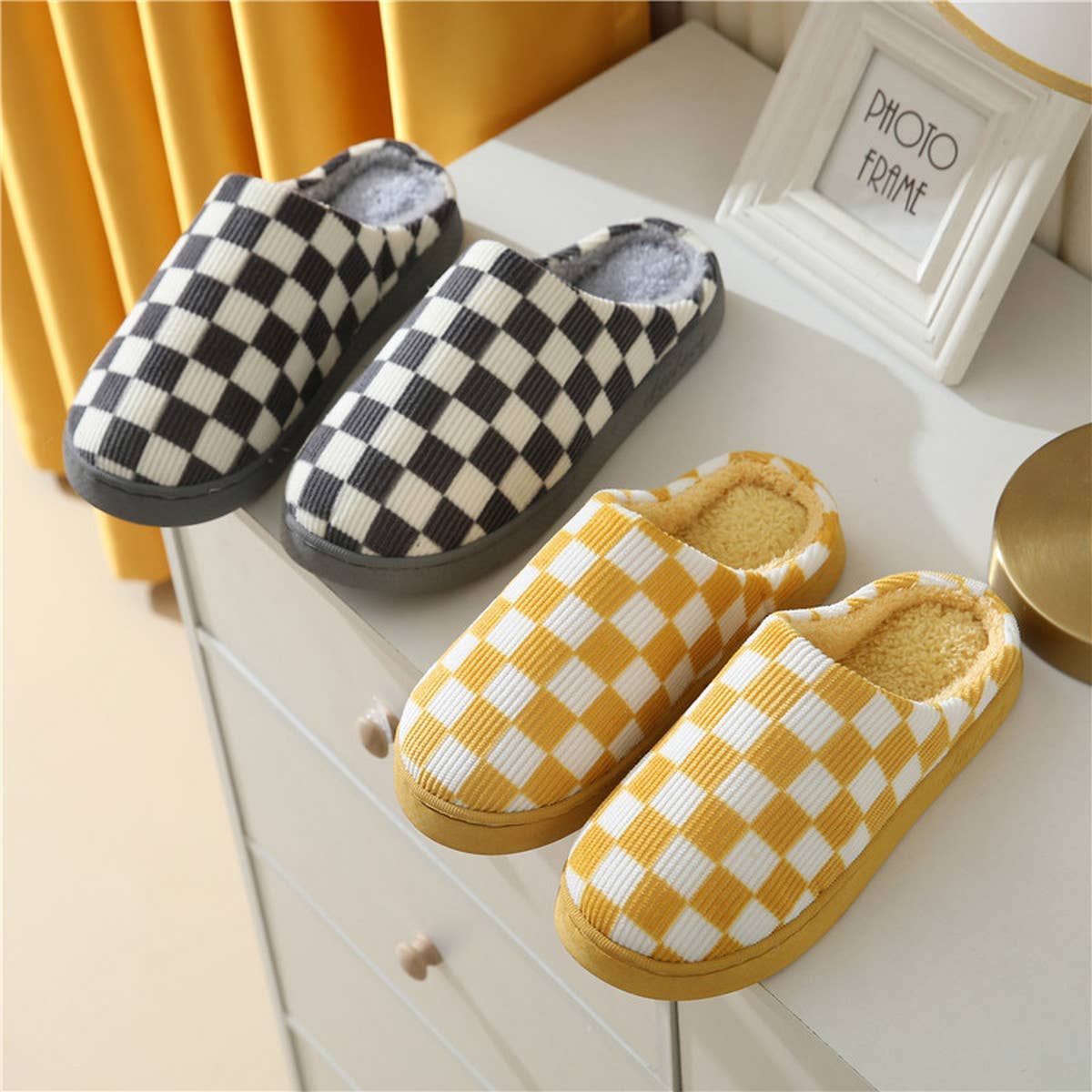 Household Simple Checkered Cotton Slippers_Cwshs0332