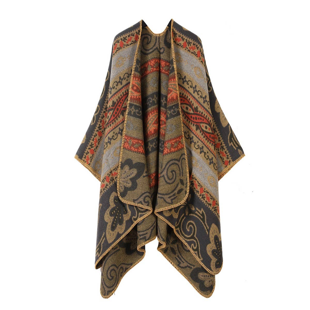 SHAWL FAUX CASHMERE JACQUARD SLIT CAPE SCARF_CWASC2231