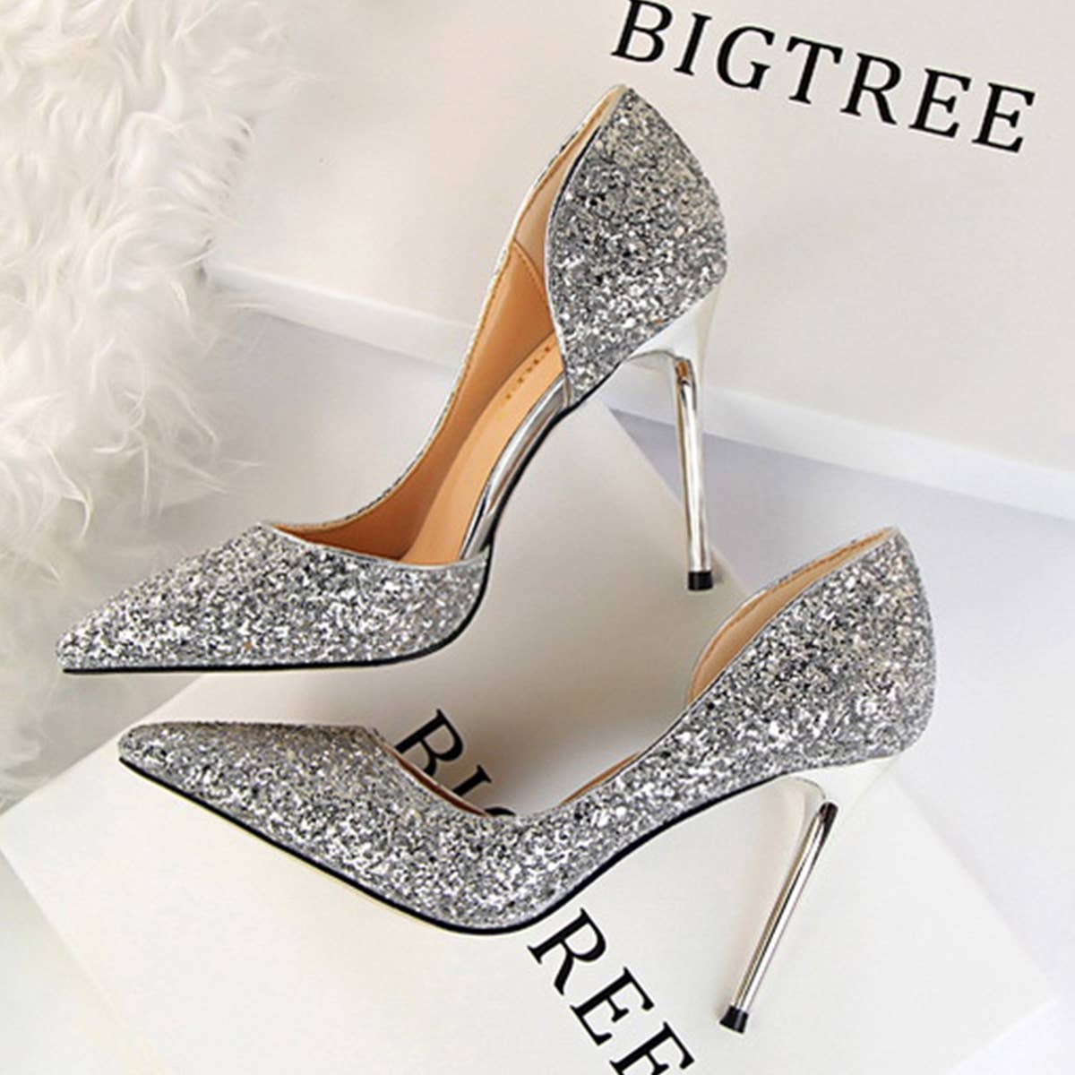 Women Pointy Side Hollowed Sequined High Heels