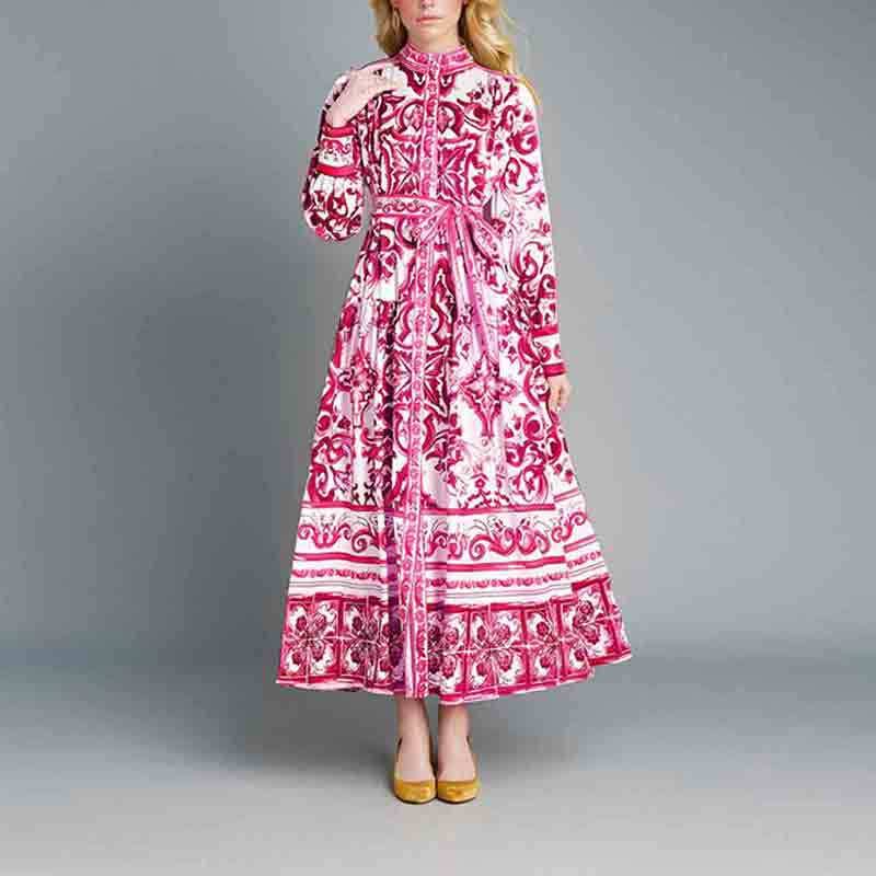 Stand Collar Single-Breasted Printed Dress