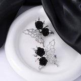 SILVER NEEDLE BLACK ROSE BUTTERFLY EARRINGS_CWAJE1857