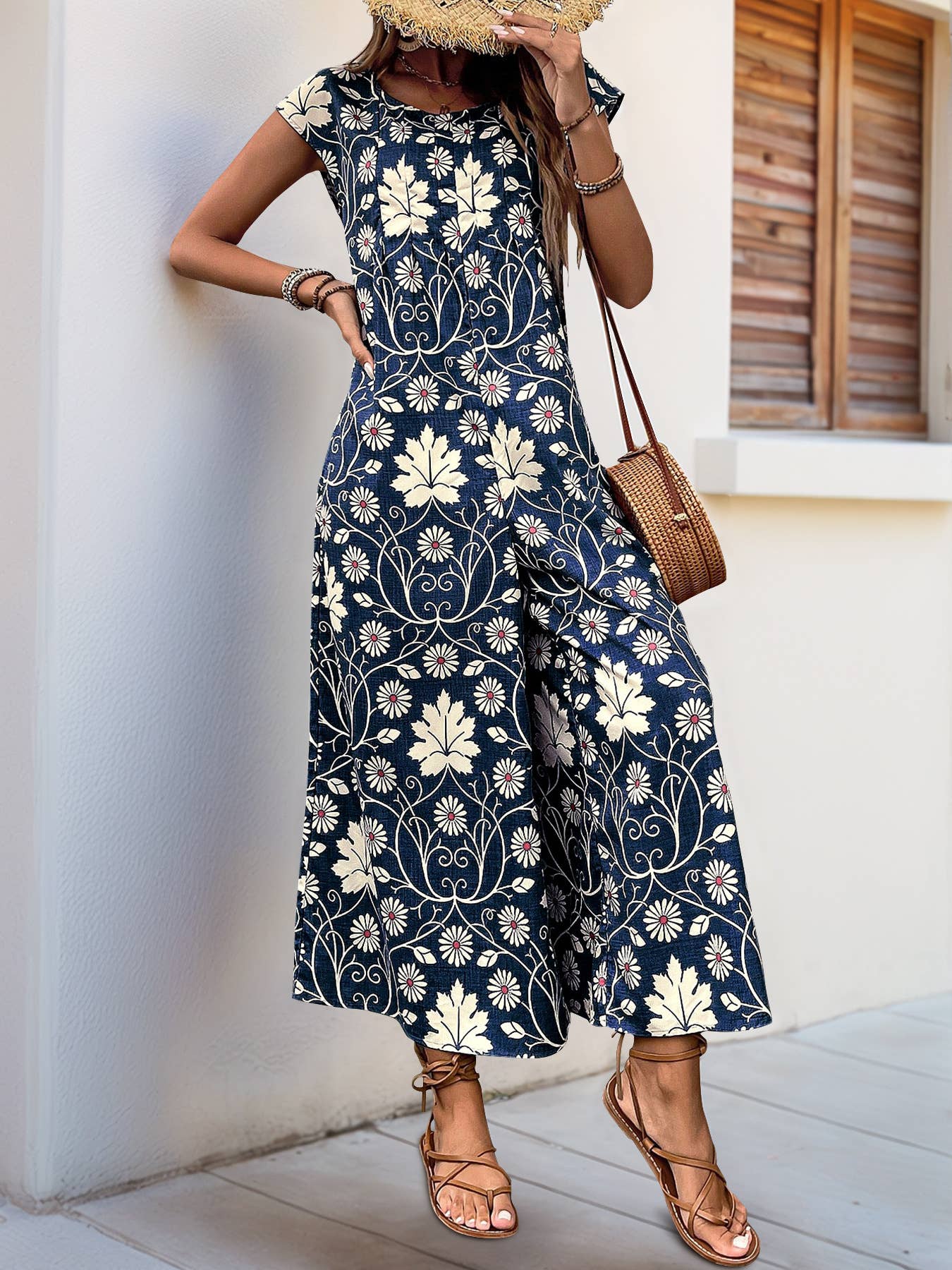 Vintage Floral Print Casual Straight-Leg Jumpsuit