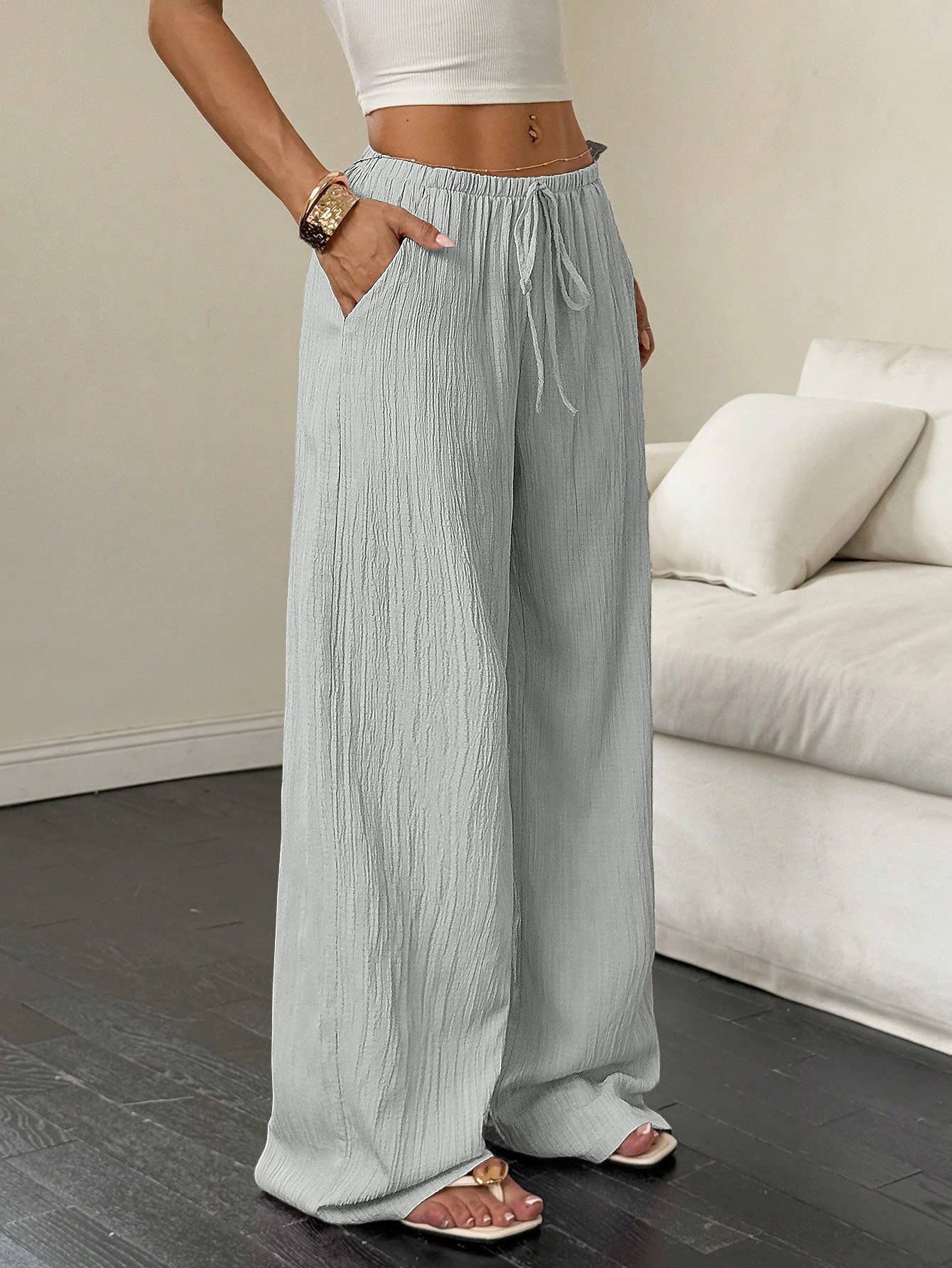 Solid-Color Textured Drawstring Wide-Leg Pants