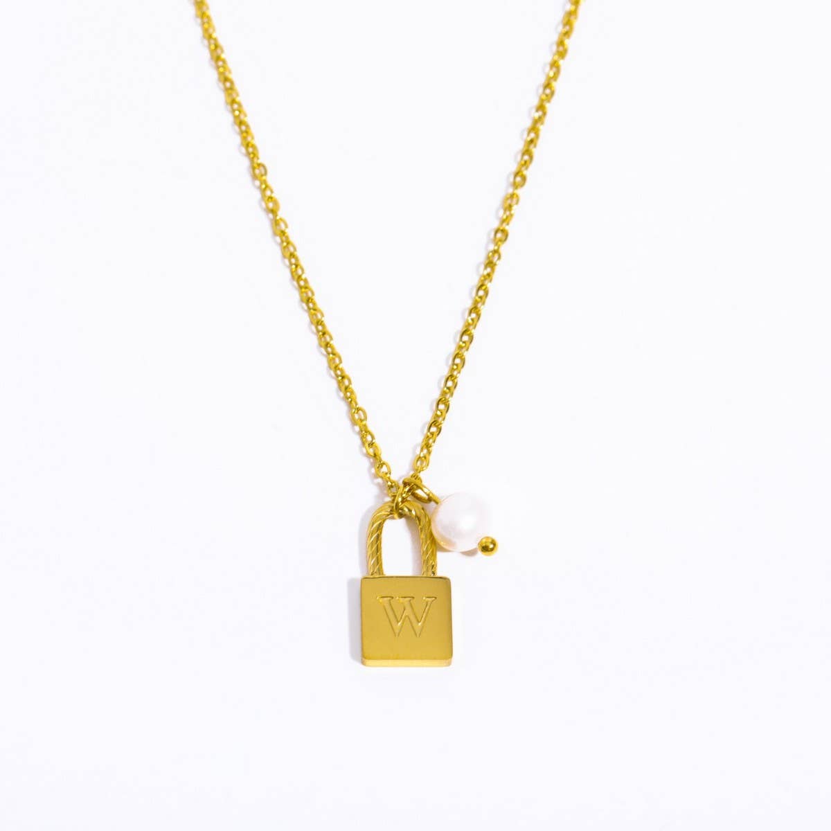 STAINLESS STEEL LETTER PEARL LOCK PENDANT NECKLACE_CWMM5298