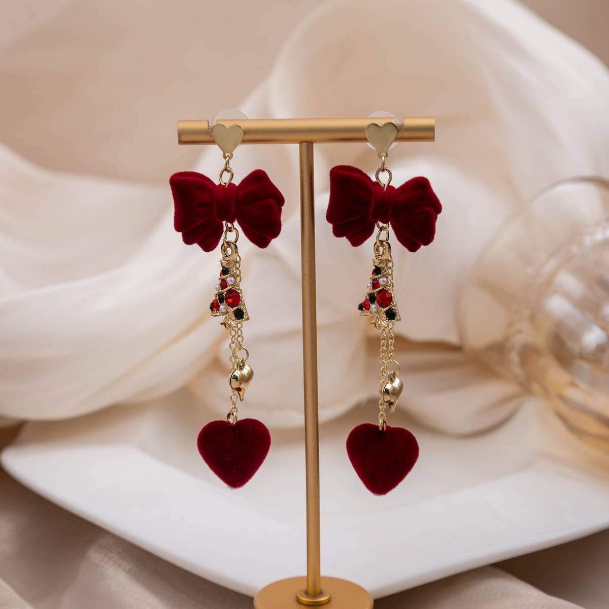 NEW BURGUNDY BOW LONG HEART EARRINGS_CWAJE1860