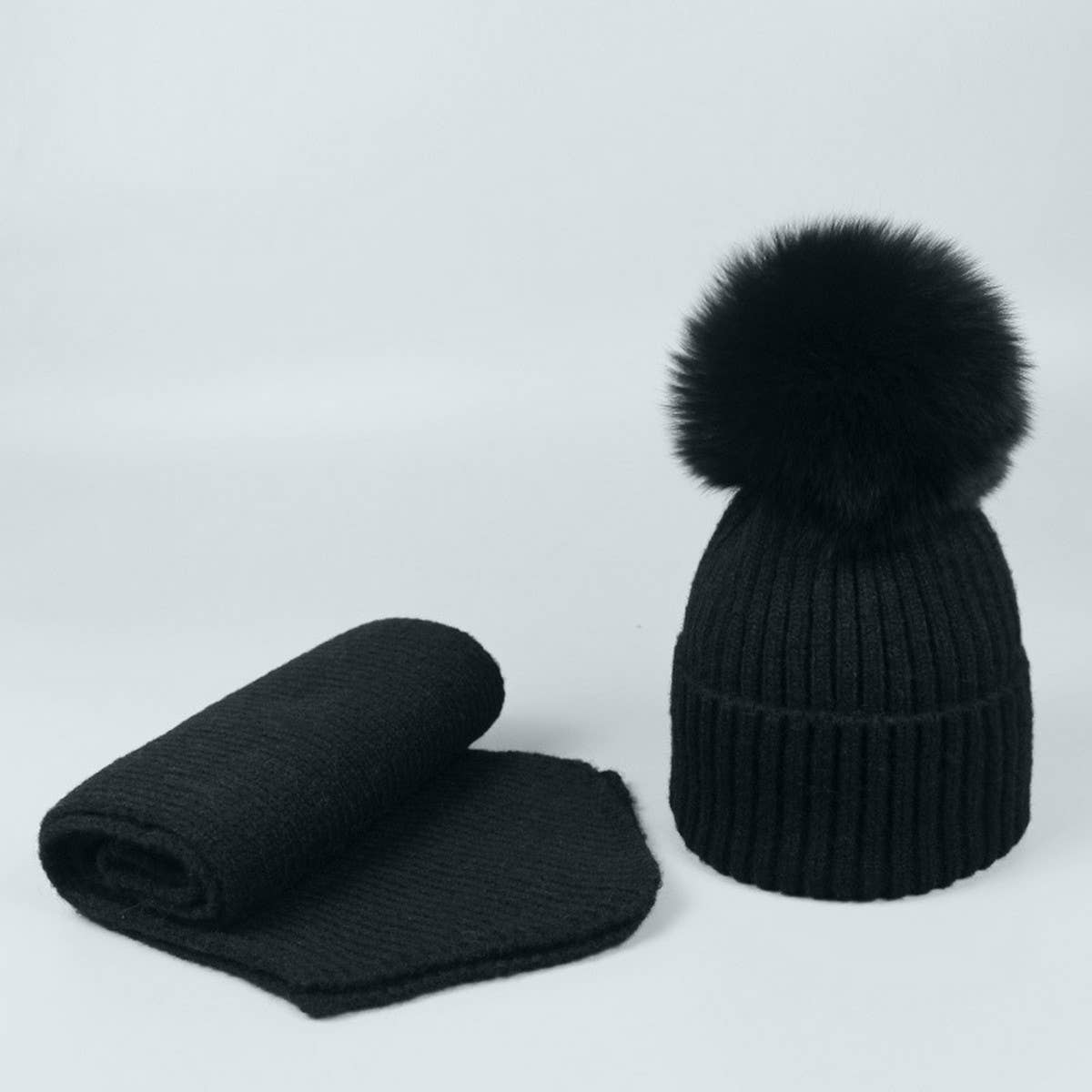 Winter Knit Hat Scarf Set With Fox Fur Pom Beanie_Cwah05044