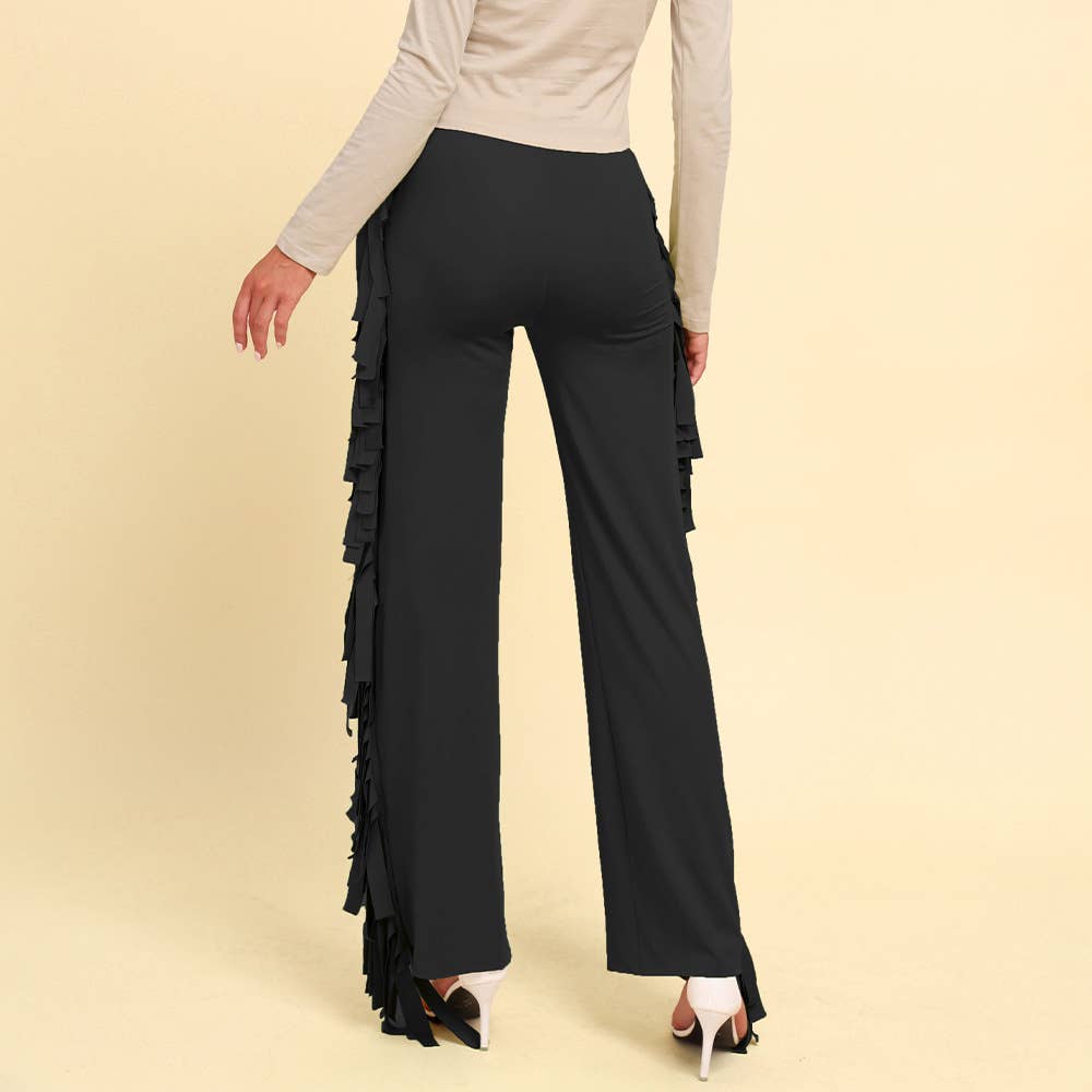 Tassel High-Waisted Solid Color Wide Leg Pants