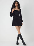 Velvet Dress With A Square Neck And Long Sleeves