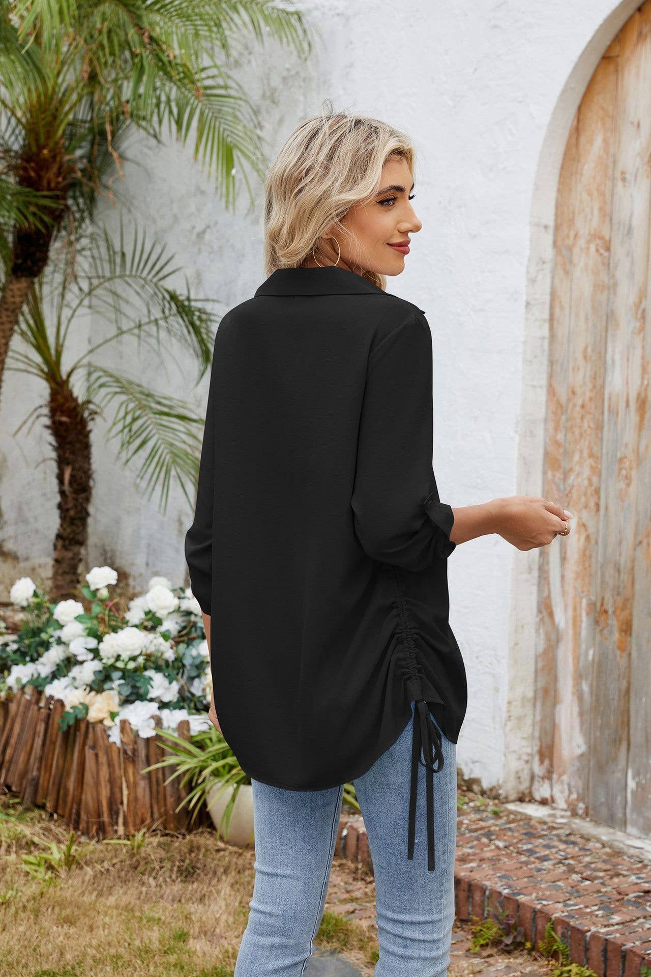 Solid-Color Loose Mid-Sleeved Chiffon Shirt