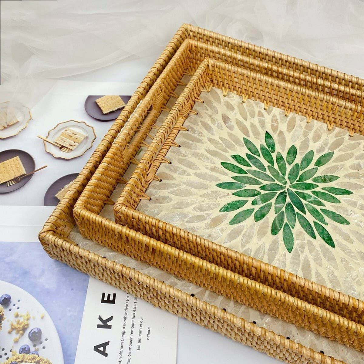 RATTAN WOVEN COLORFUL SHELL TEA TRAY THREEPIECE SET_CWMM4491