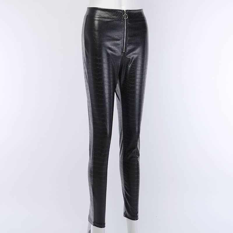 Tapered Zipper Casual Pencil Pu Leather Pants
