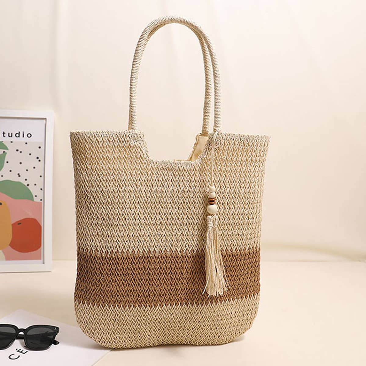 CASUAL WOVEN TWO COLOR BEACH BAG WOVEN BAG_CWAB1861