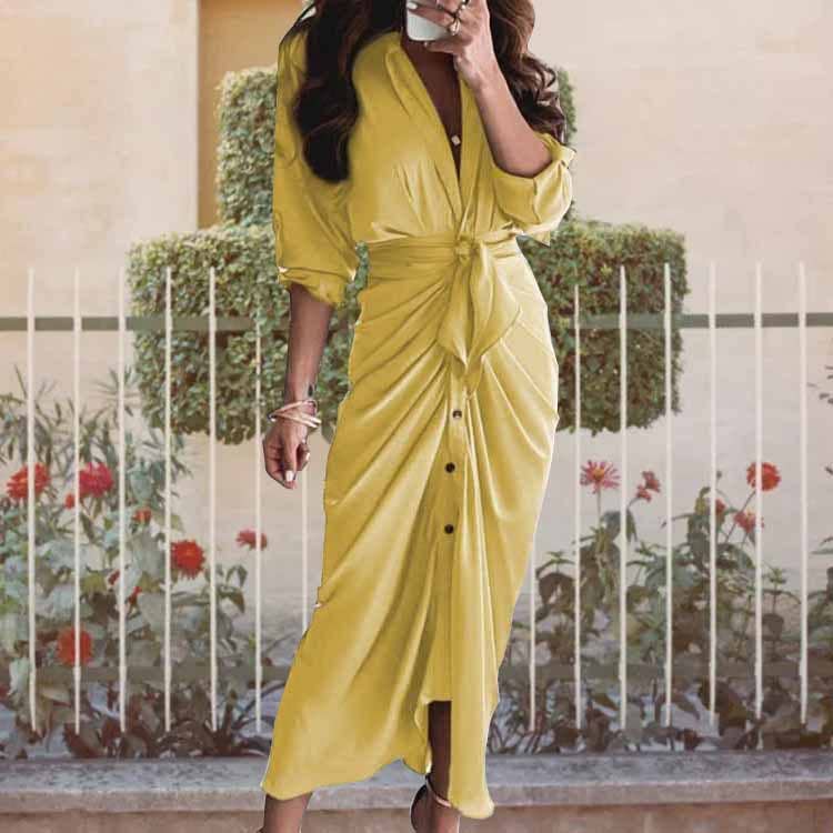 V-Neck Button-Up Long-Sleeved Shirt Dress