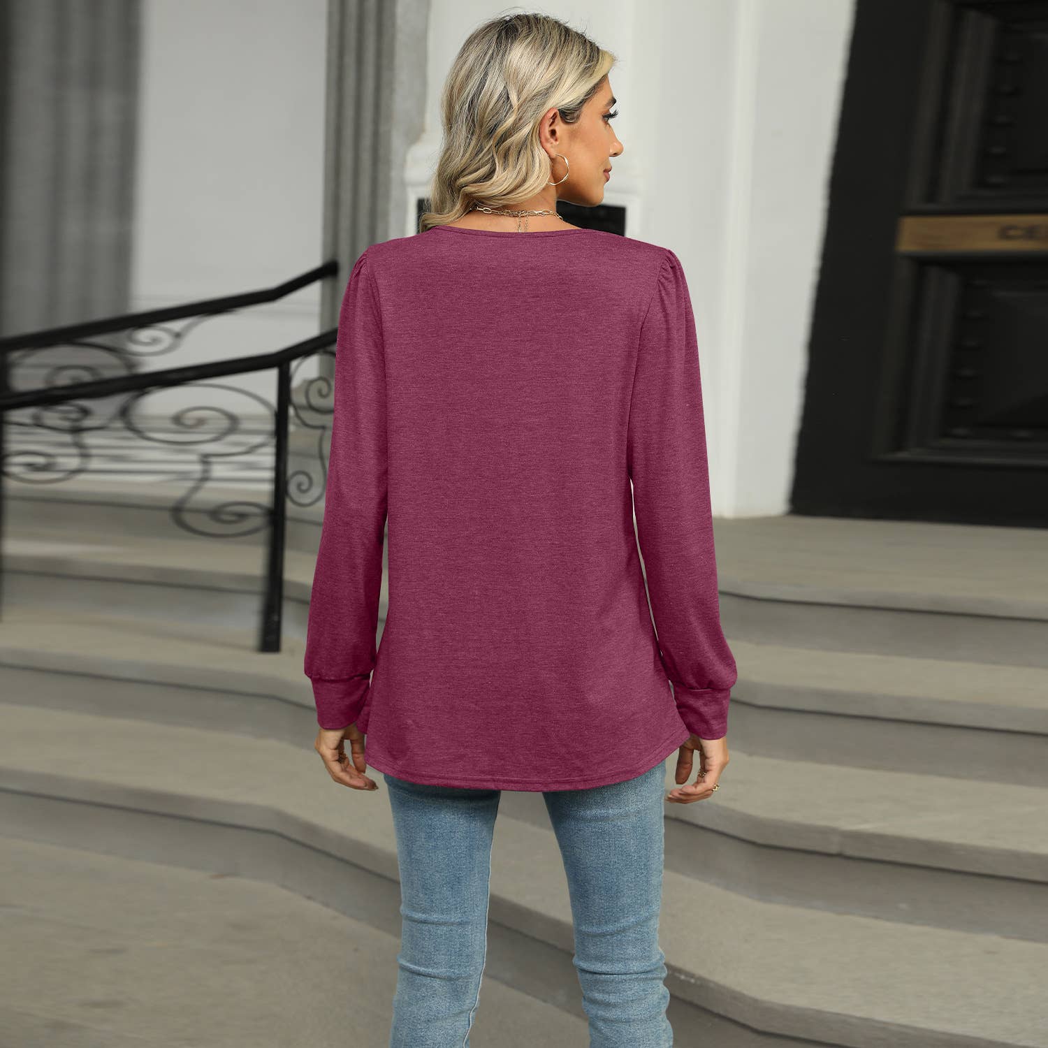Solid Color U-Neck Pleated Long Sleeve T-Shirt