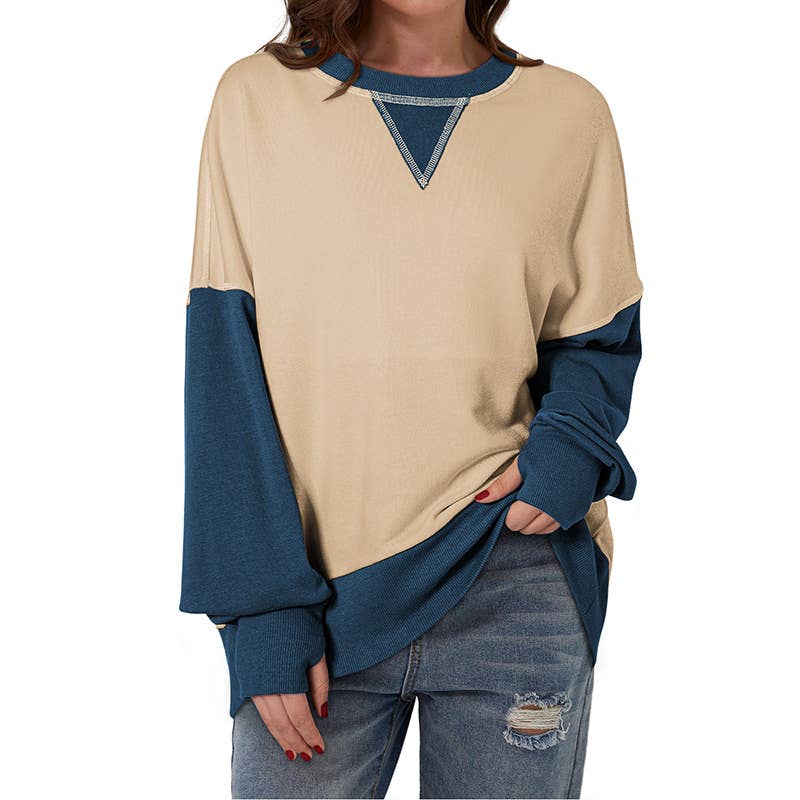 Two-Tone Round-Neck Loose Pullover Hoodie
