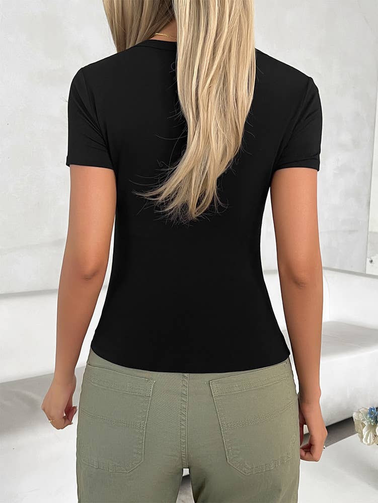 U-Neck Slim Solid Color Long Sleeve T-Shirt