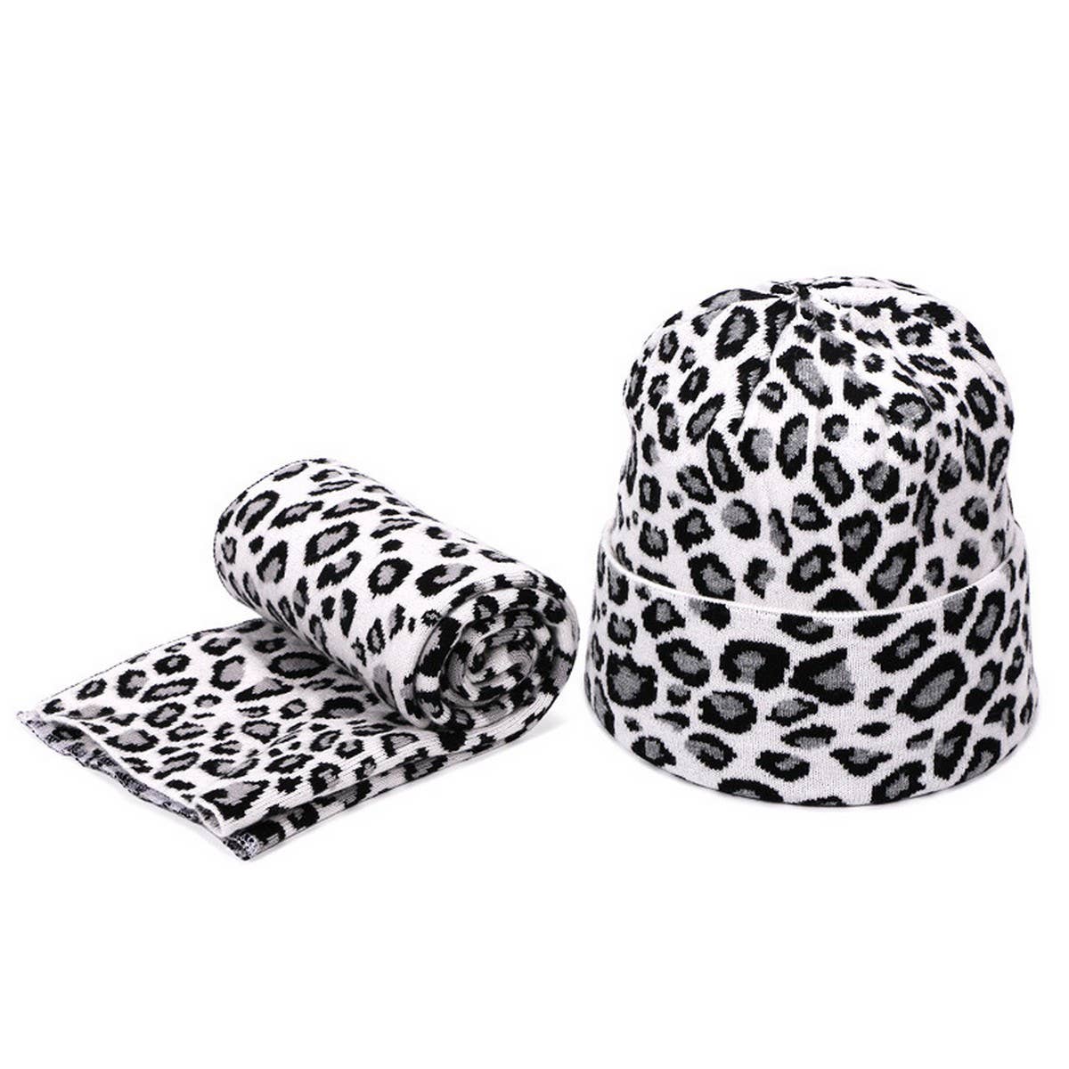 Leopard Knit Beanie With Pom & Scarf Set_Cwah04988