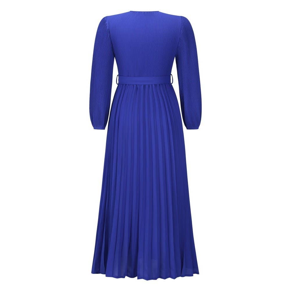 V Neck Long Sleeve Pleated Belted Midi Dress