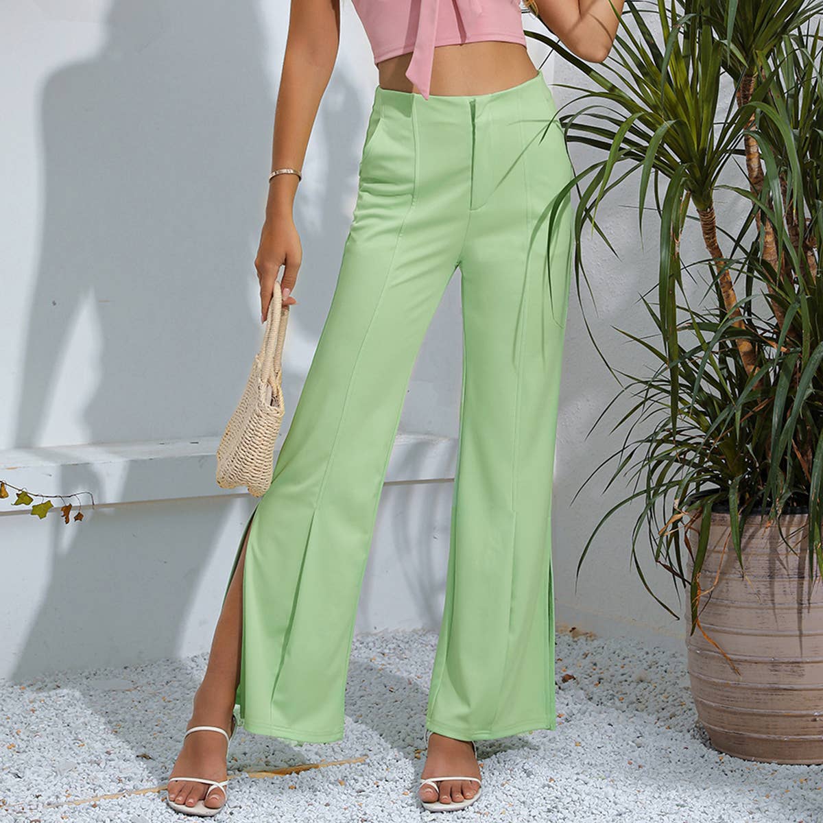 Solid Color High-Waisted Slacks With Slit Horns