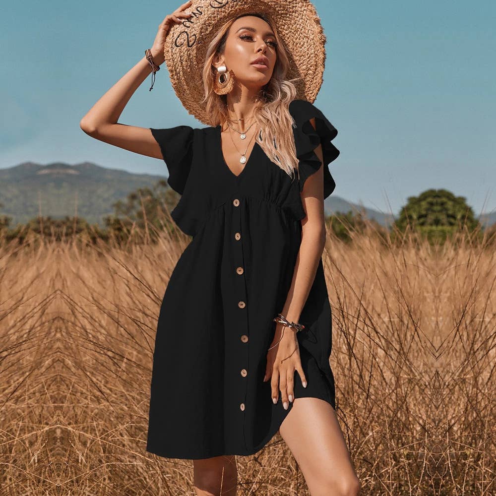 V-Neck Button-Up Flared Boho Dress