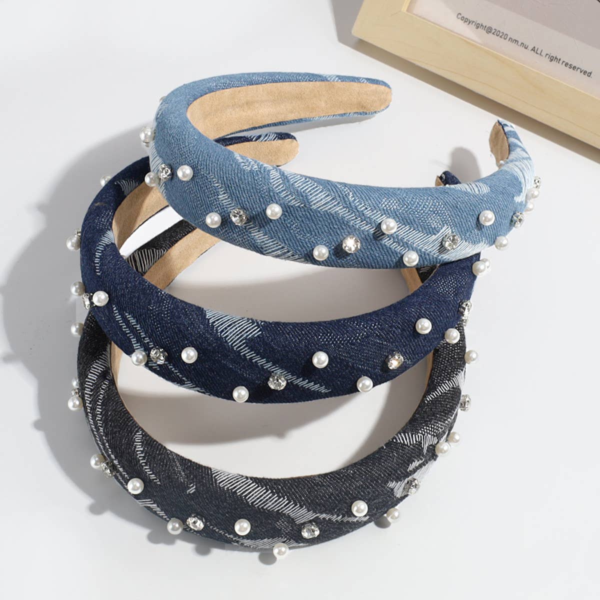 SIMPLE DENIM FAUX PEARL RHINESTONE HEADBAND_CWAHA2263