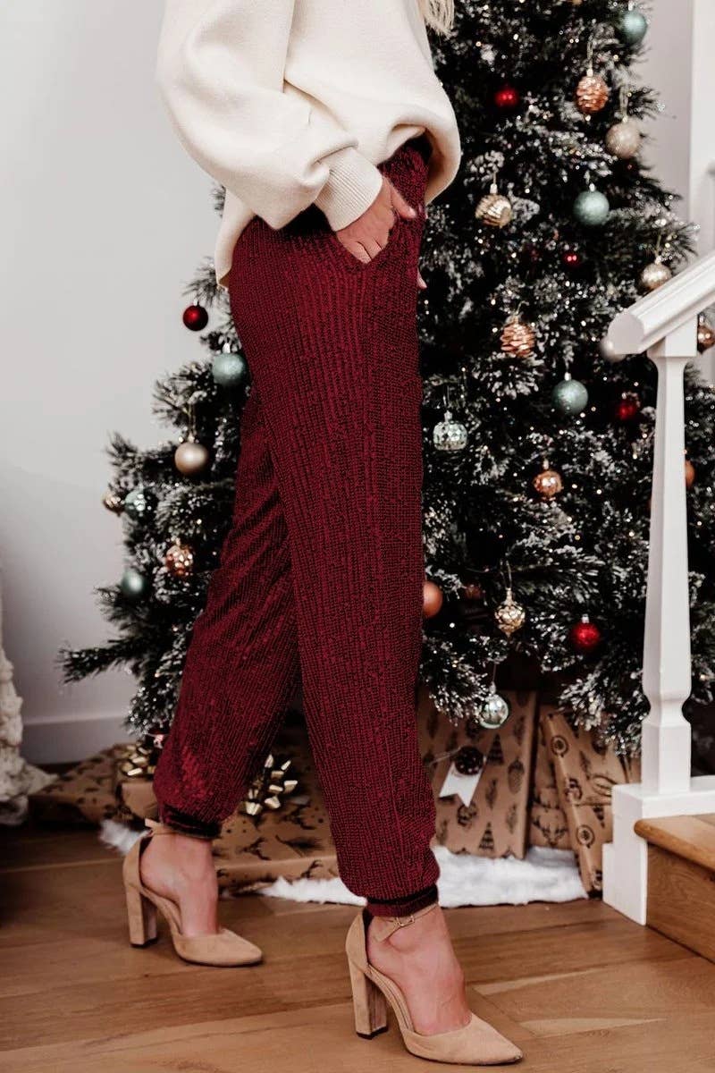 Thin Elastic Leg Sequin Basic Womens Pants