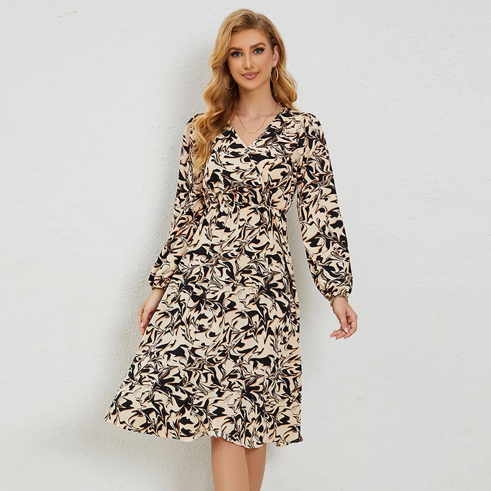 V-Neck Printed Waistline Casual Long-Sleeved Dress