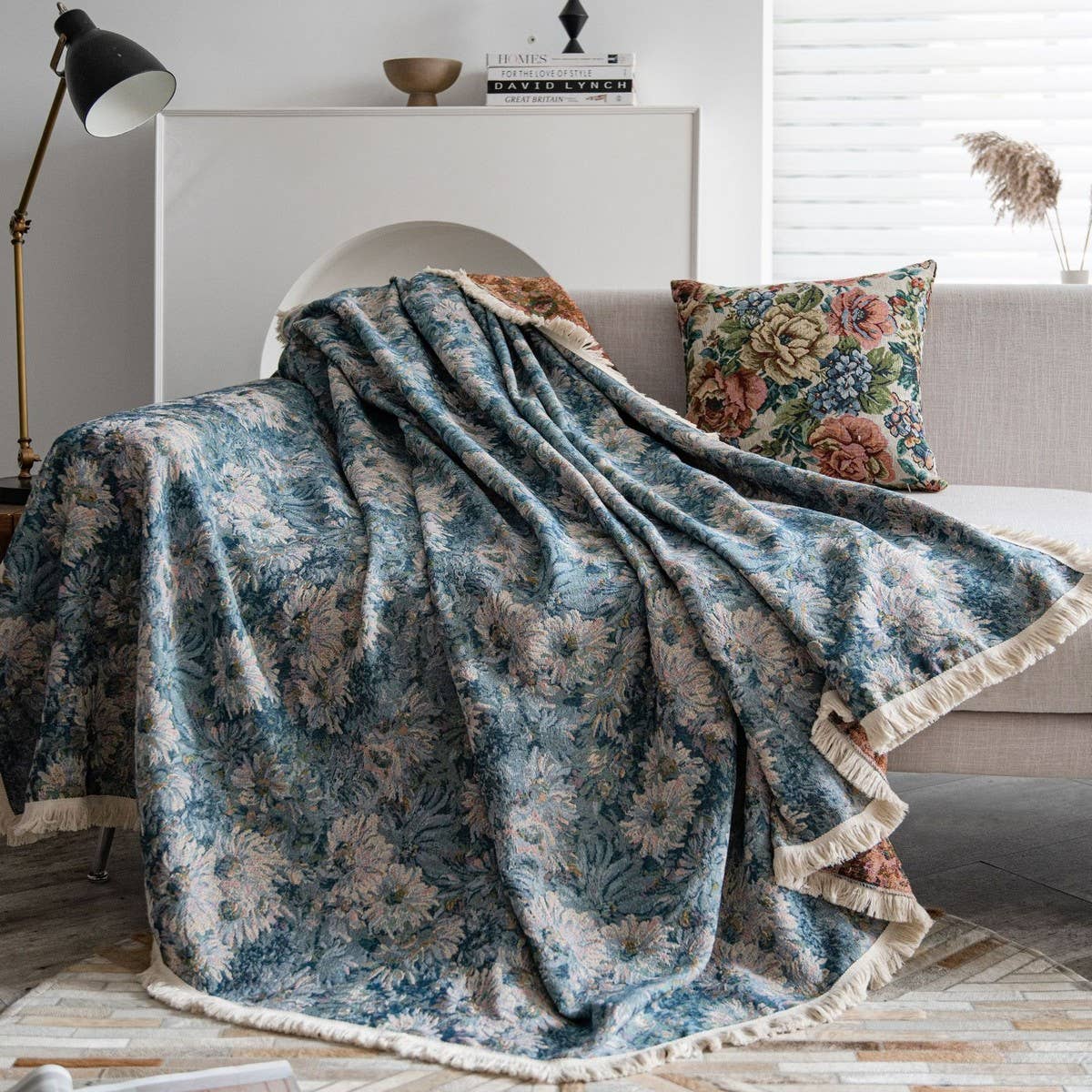 BLUE FLORAL JACQUARD SOFA THROW_CWMM1647
