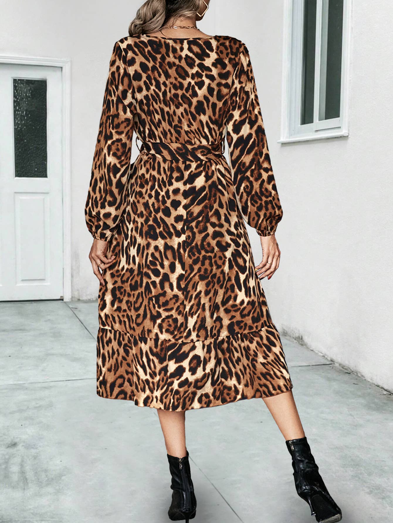 V-Neck Long Sleeve Leopard Print Long Dress