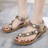 Women Bohemia Bling Rhinestone Pearl Flat Sandals