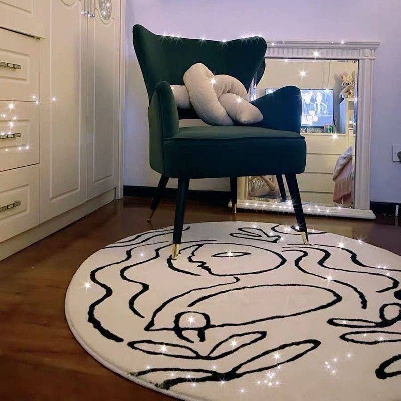 THICK BLACK WHITE ROUND RUG FOR LIVING ROOM_CWMM7324