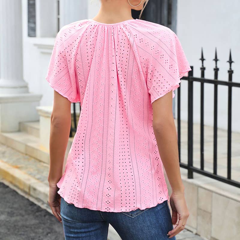 Solid Eyelet Tie Neck Flutter Sleeve Top