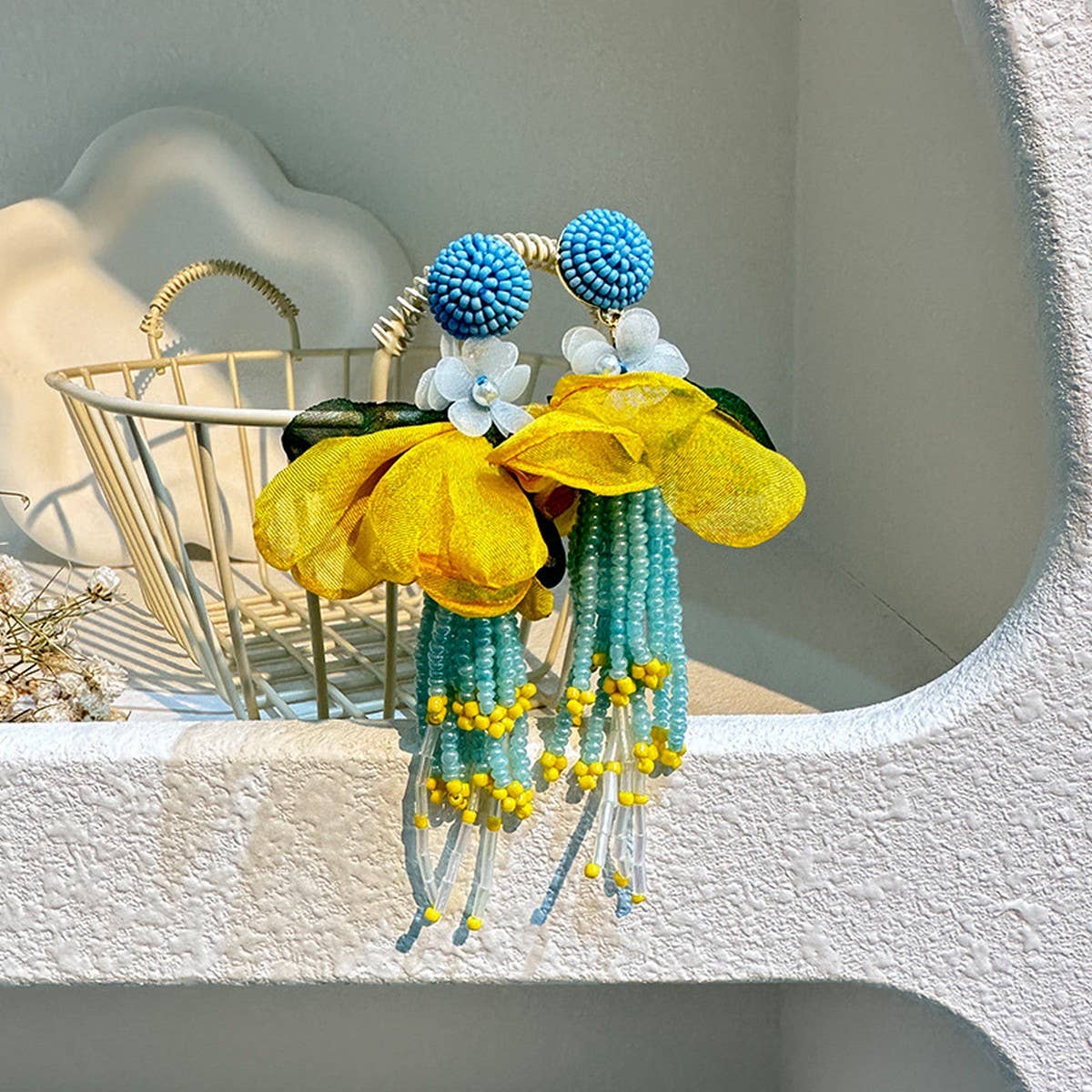 BOHO LONG TASSEL EARRINGS HANDMADE FABRIC FLOWERS_CWMM6165