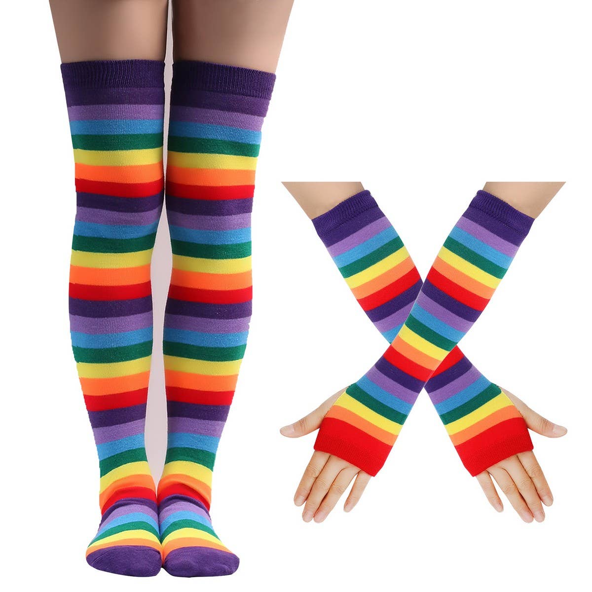 COLORFUL STRIPED KNEE SOCKS AND GLOVES SET_CWMS0309