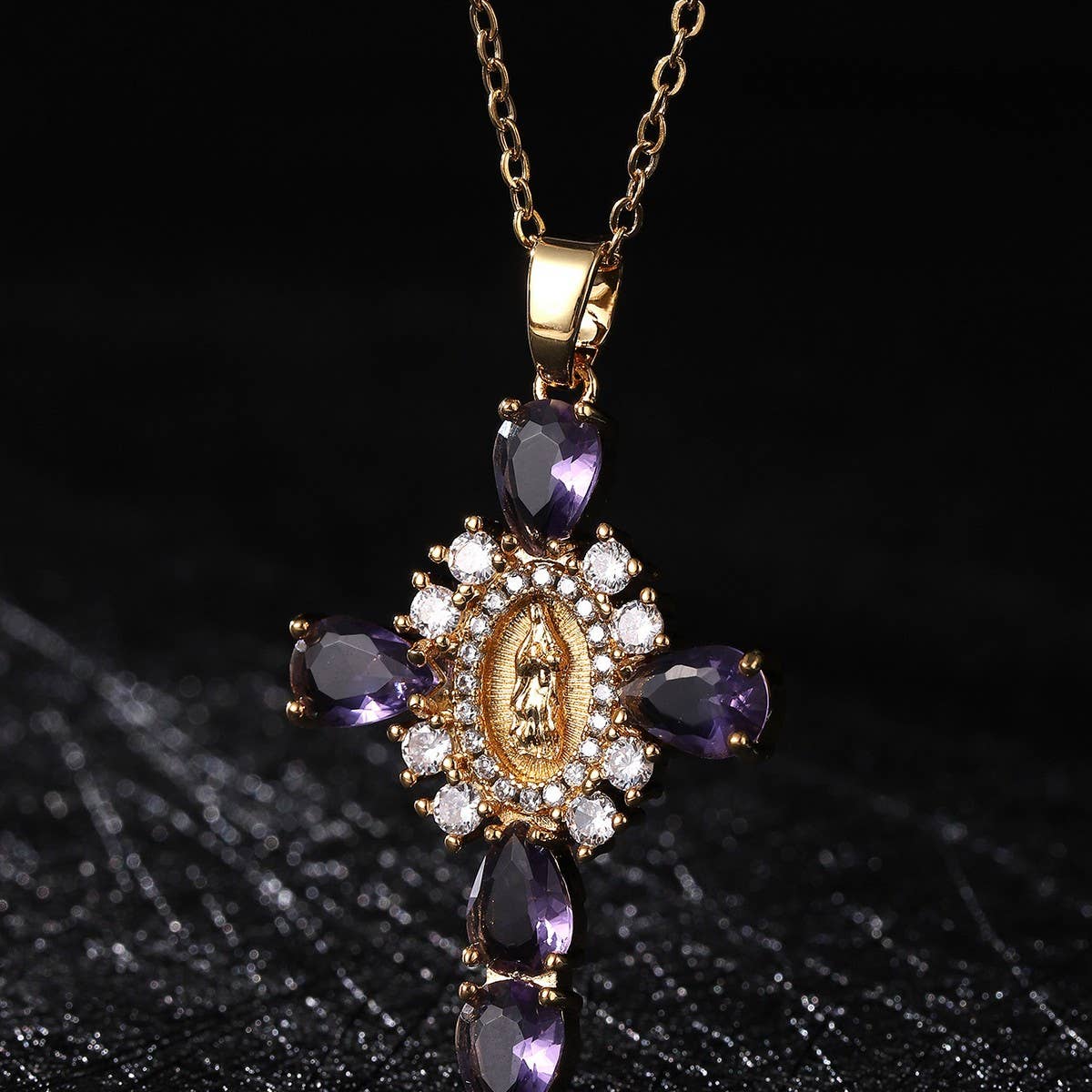 Zirconia Pendan Virgin Mary Cross Necklace_Cwmm5867