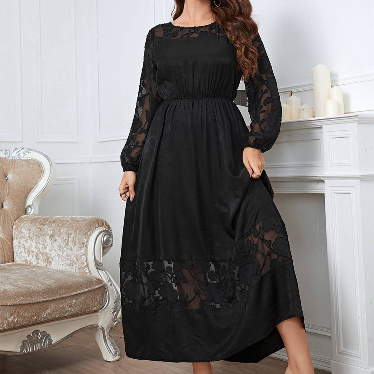 HIGH END LACE DRESS WITH SLEEVES FALL STYLE_CWDSD8479