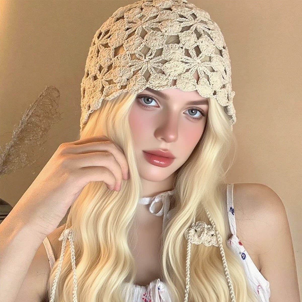 Boho Crochet Beanie ? Floral Tassel Knit Hat_Cwah04324
