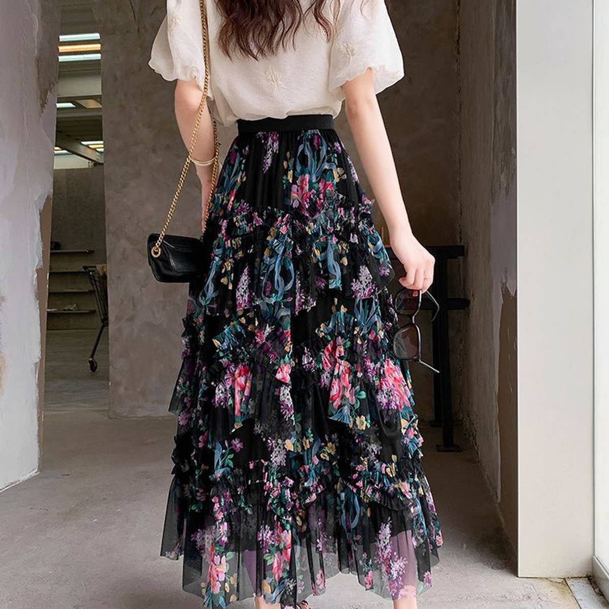 COLORFUL FLORAL MESH PRINT PLEATED TULLE SKIRT_CWBLS0399