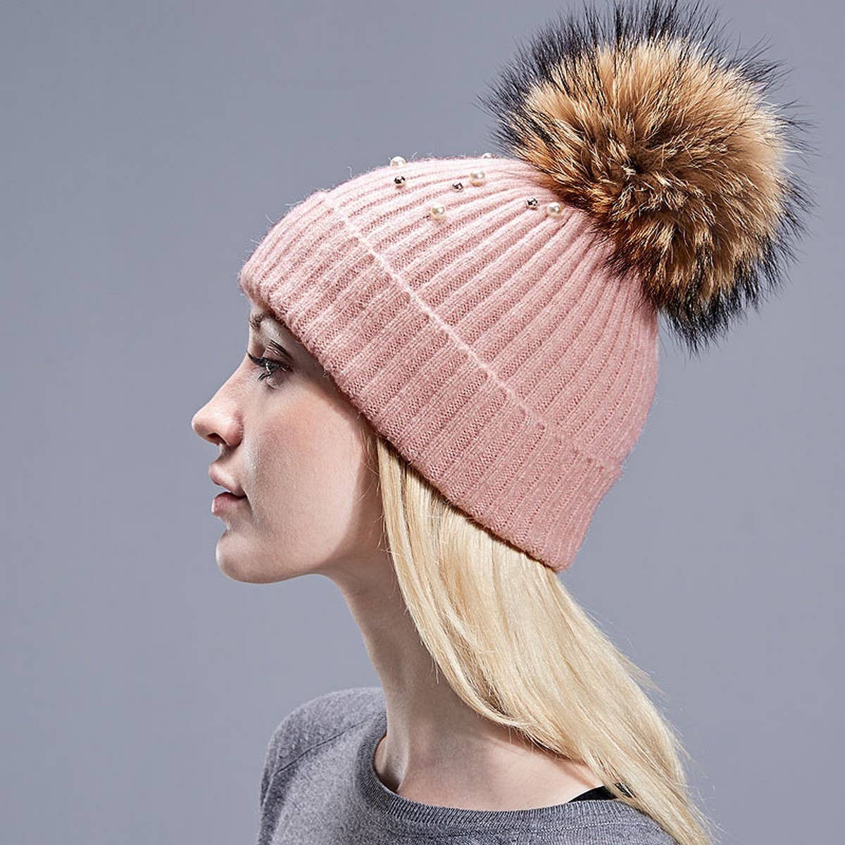 Women¡¯S Knit Beanie With Pearl & Fur Pom_Cwah04987