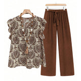 Solid Color Pantsuit Lotus Sleeve Printed Top