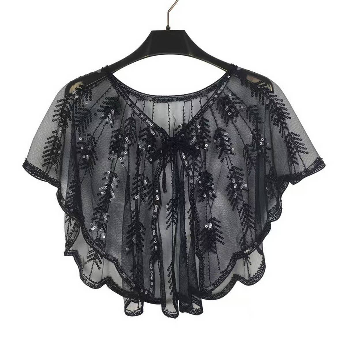 LEAF SEQUIN SHEER SHAWL EVENING PARTY CAPE_CWMM8961
