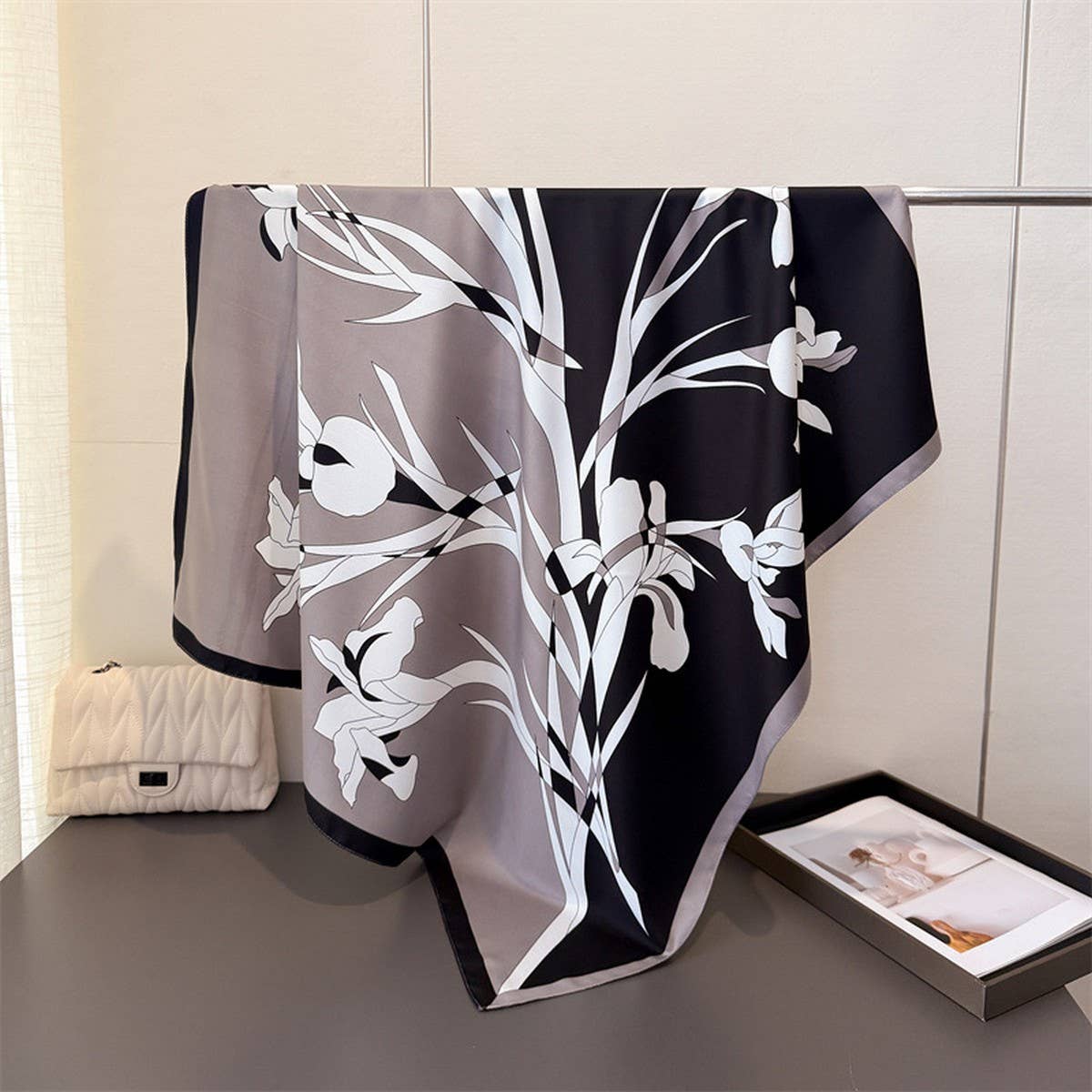 Retro Floral Faux Silk Square Neck Scarf_Cwasc03436