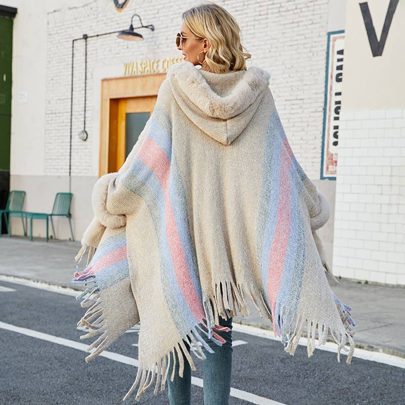 Womens Hooded Cape Striped Knitted Fringe Shawl