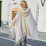 Womens Hooded Cape Striped Knitted Fringe Shawl
