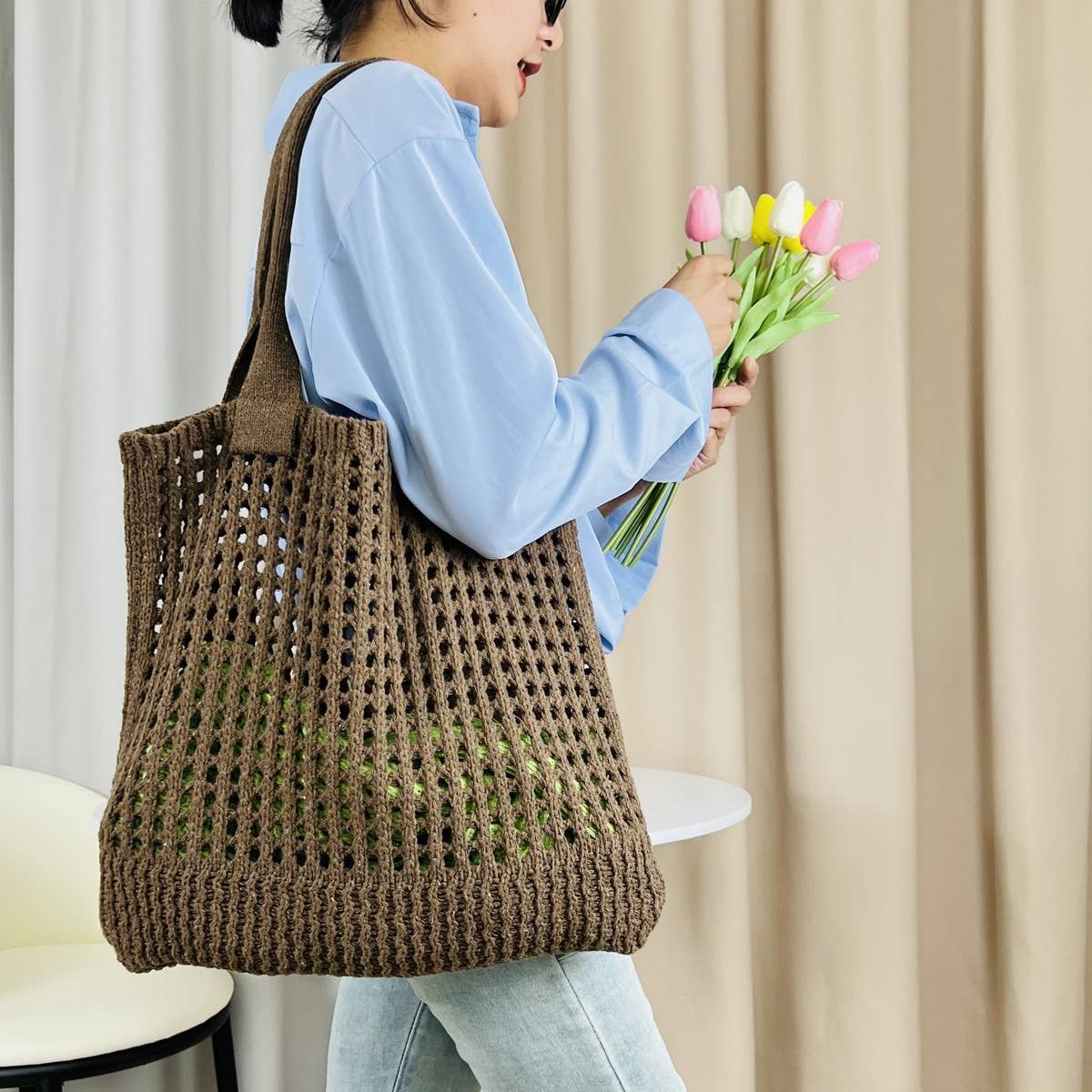 Cwab5059_Solid Color Hollow Bag Single Shoulder Woven Bag