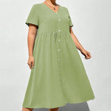 V-Neck Solid Color Fitting High Waisted Dress