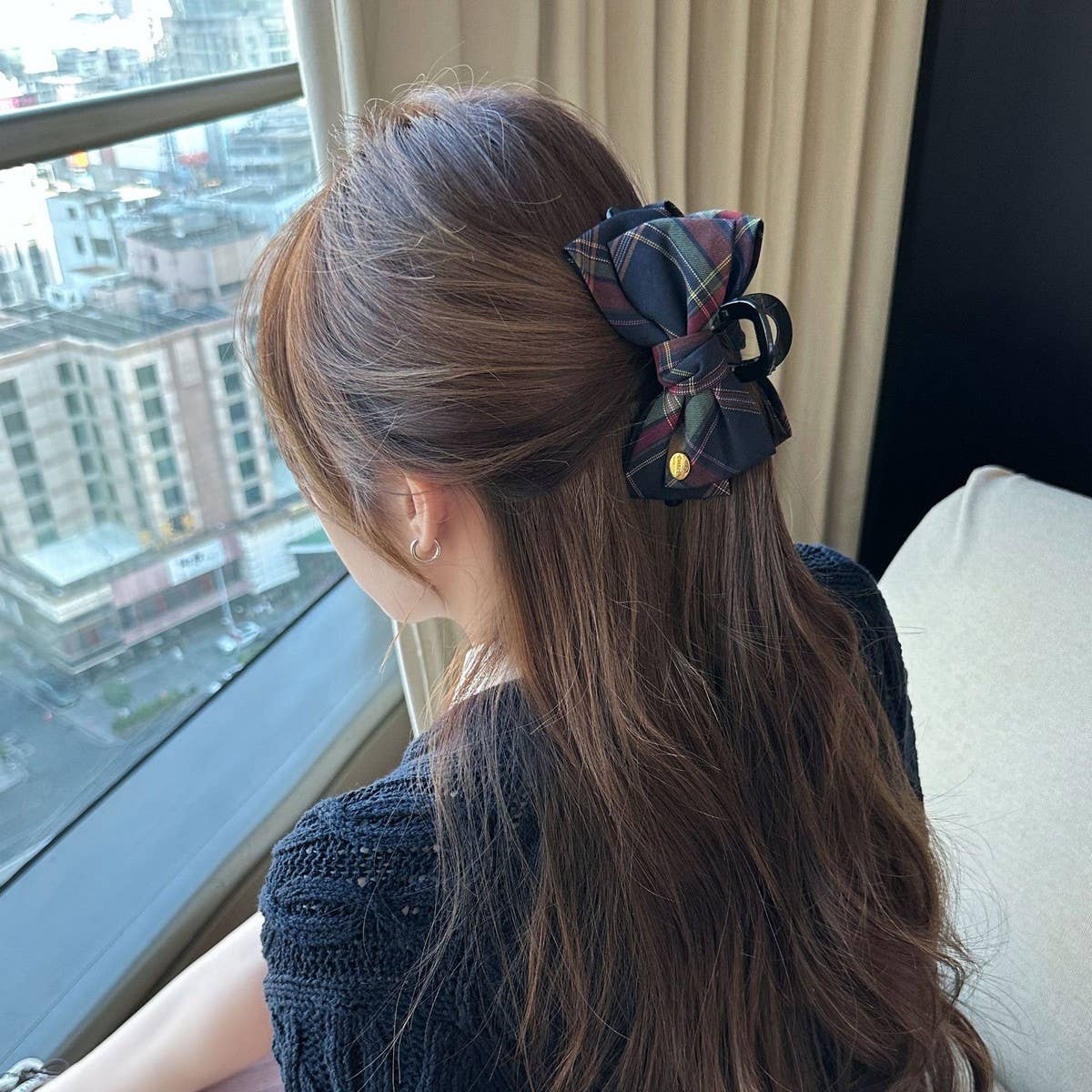 Plaid Bow Hair Claw Large Ponytail Clip_Cwaha08085